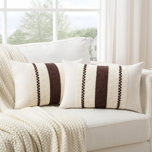 Fancy Homi Set of 2 Boho Brown Lumbar Decorative Throw Pillow Cover 12x20 Inch for Couch Bed Sofa Chair, Modern Organic Farmhouse Home Decor, Soft Cotton Cute Accent Rectangle Cushion Case