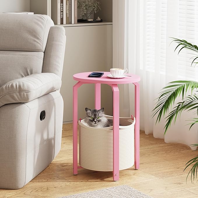 TUTOTAK Small Side Table, Oval End Table, Night Stand, Bedside Table, Sofa Table with Storage Basket, Living Room, Bed Room, Pink TB01BP093