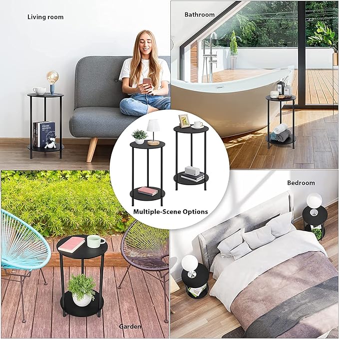 SEHERTIWY Small Round Side Table, 2 Tiers Farmhouse End Tables, Set of 2 Accent Tables for Small Spaces, Night Stands for Bedrooms Living Room, Coffee Tables with Storage Shelf, Black
