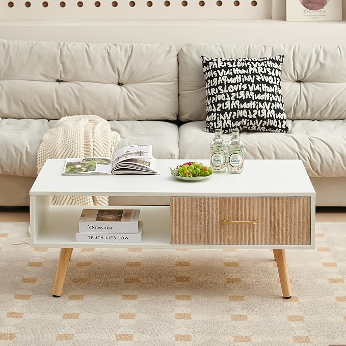 IANIYA Boho Coffee Table with Storage, Dining Table with Rattan Drawer and Solid Wood Legs, Small Center Tables for Living Room Small Space (White/Natural)
