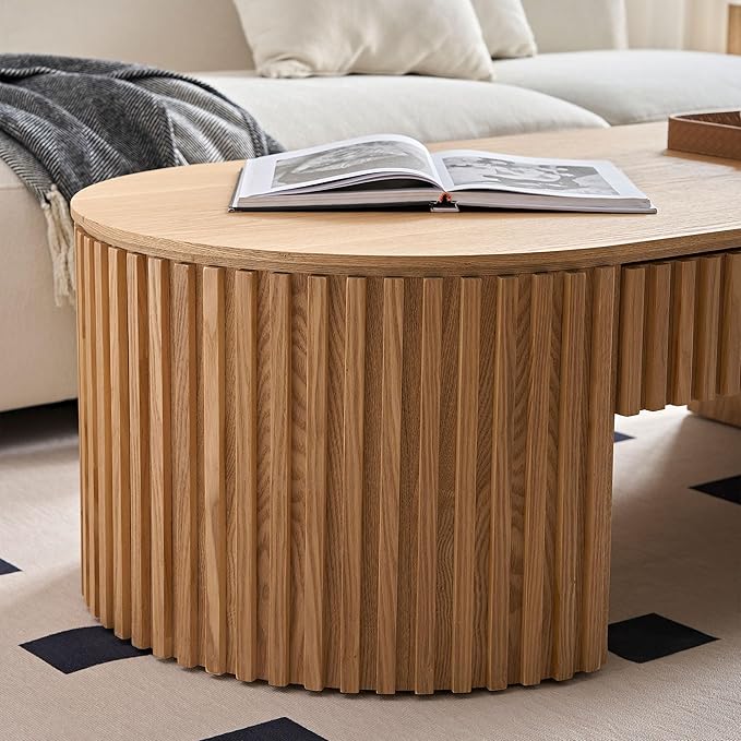 51.18'' Oval Wood Coffee Table with Drawer, Modern Center Table for Living Room, Oak
