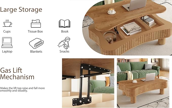 42.5" Lift Top Fluted Coffee Table with Hidden Storage Compartment, Modern Cloud-Shaped Wooden Center Table Cocktail Tea Table with Curved Safety Corners and Adjustable Height, Brown