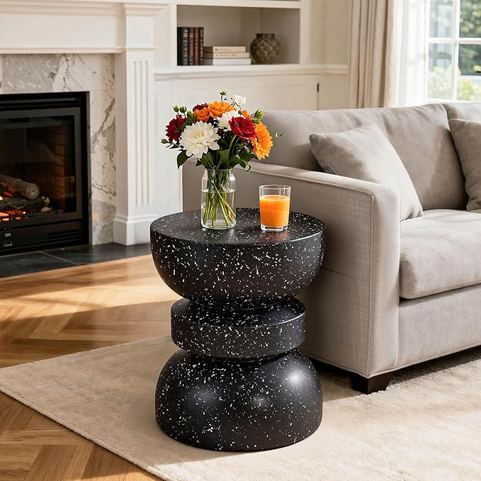 18" Outdoor Side Table, Modern Hourglass Garden Stool in Painted Faux Terrazzo-Look, Patio Coffee Accent Table Decorative, Durable Weatherproof & Easy Assembly Round Table for Room Porch Black