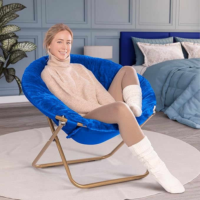 Milliard Saucer Chair for Adults, Teens & Kids, Royal Blue, Faux Fur XL Circle Chair for Bedroom, Dorm & Gaming, Foldable Comfy Accent Seat for Small Spaces, Folding Moon/Mushroom/Round Style