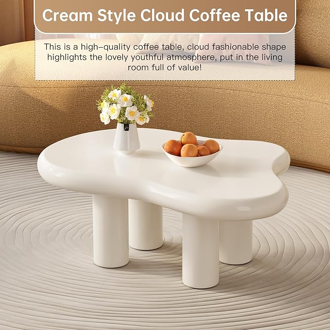 Guyii Cloud Coffee Table, Cute White Modern Tea Table, Irregular Indoor End Table for Living Room, Free Shape with 4 Legs, 35.82 Inches