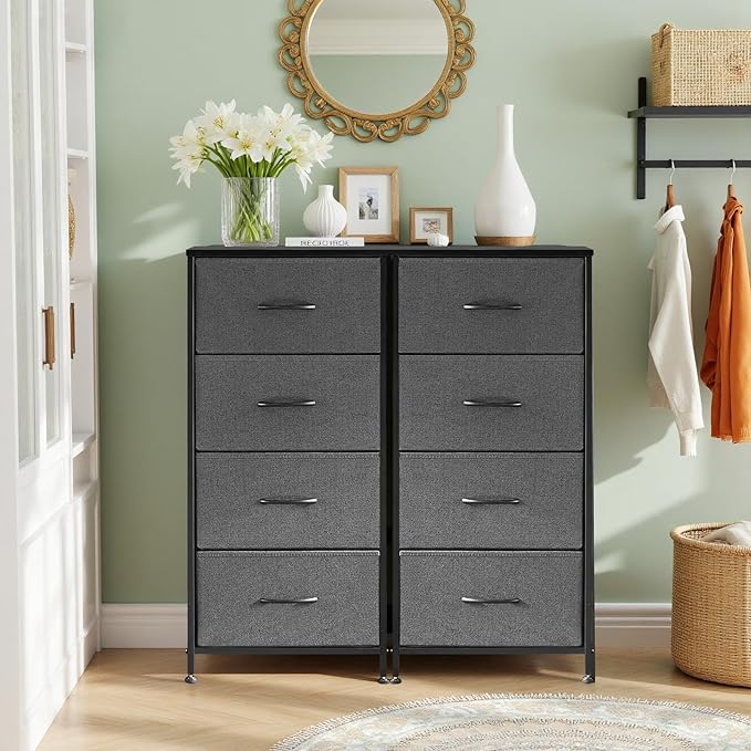 Nightstand, 4 Drawer Dresser End Table Bedside Furniture with Wooden Top Steel Frame Fabric Bins for Bedroom, Closet, Entryway, Dorm, Living Room, Gray