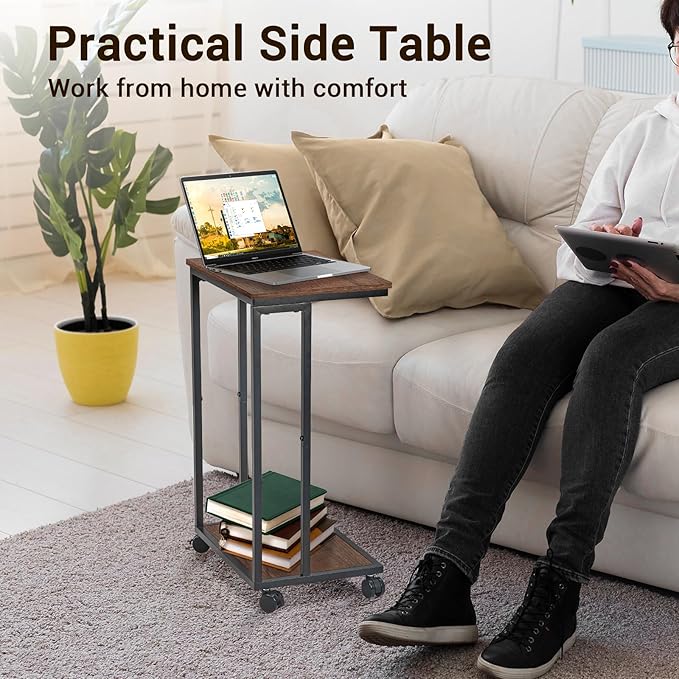 C-Shaped End Table for Couch, Slide Under Sofa Snack Table, Small TV Tray, C Table with Wheels, Laptop Desk for Living Room, Bedroom, Small Spaces,Brown