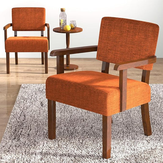 Accent Chair Set of 2 with Table, Upholstered Living Room Chairs with Wood Frame, Modern Oversized Reading Armchair for Bedroom Waiting Room (Orange)