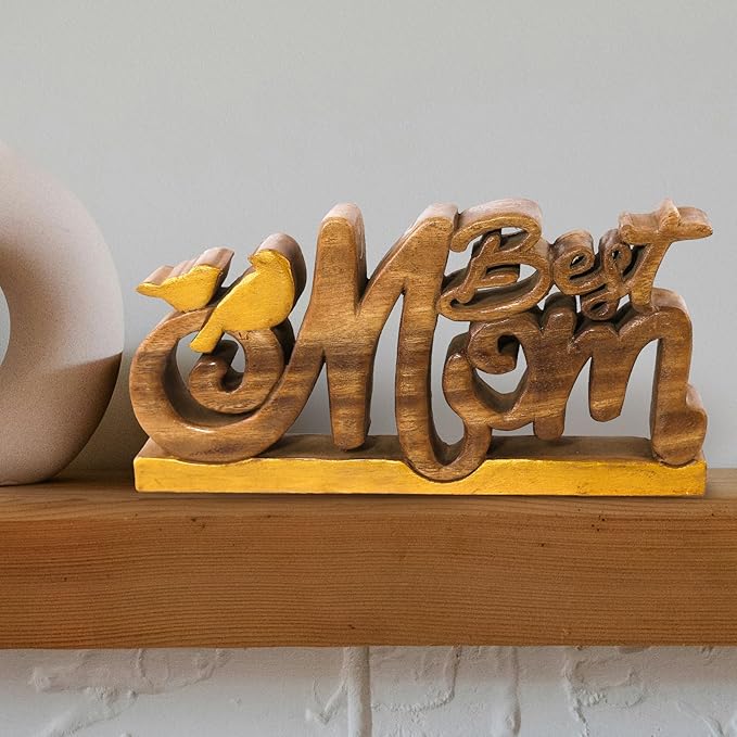 Decozen Handcrafted Solid Wood Best Mom Letters Sculpture - Valentines Day Gifts for Her, Farmhouse Mantel and Fireplace Decor, Table Top Decor for Home, Living Room, or Office
