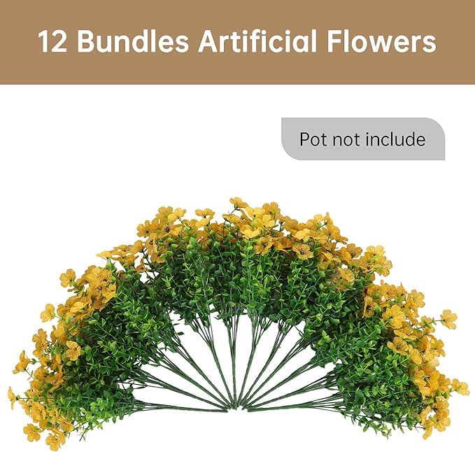 12 Bundles Artificial Flowers for Outdoors Indoor Fall Flowers Home Decoration, Fake Mums Silk Yellow Flower Plant for Outside, Realistic Plastic Flower UV Resistant Faux Mums for Garden Autumn Decor