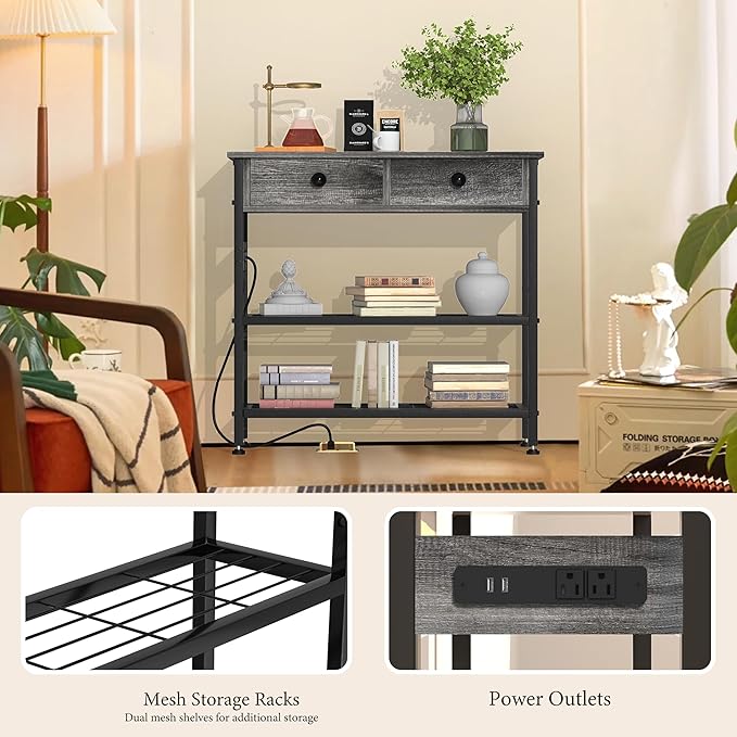 GRLEAF 32" Console Table with Outlets & USB Ports – Narrow Entryway Table with 2 Drawers and Storage Shelves, Power Strip Sofa Table for Living Room, Hallway, Kitchen, Foyer – Grey Wood Finish