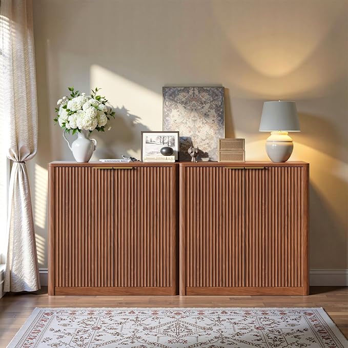 Evermagin 31.5" Walnut Buffet Cabinet with Storage, Fluted Sideboard Cabinet with Adjustable Shelves，Mid Century Modern Credenza, Console Table with 2 Doors for Dining Room, Kitchen, and Living Room
