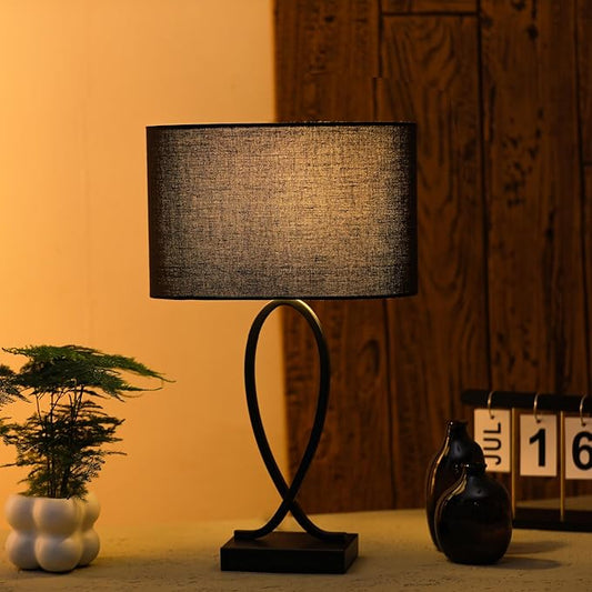 Modern Eye Protection Bedside Table Lamp, 11 x 7 x 19 Inch Farmhouse Table Lamps, Black Metal Base Table Lamp for Bedrooms and Office (Black Fabric Lampshade)