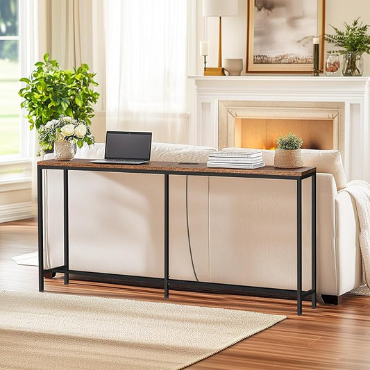 70 Inch Console Table with Outlet, Sofa Table with Charge Station Long Entryway Table for Office, Hallway, Bedroom, Living Room(Rustic Brown)