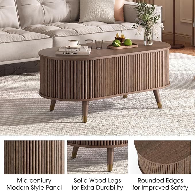 Oval Coffee Table with Storage,42.5” Fluted Coffee Table with Lifting Top & Solid Wood Legs,Modern Lift Up Center Table for Living Room,Home Office,Walnut