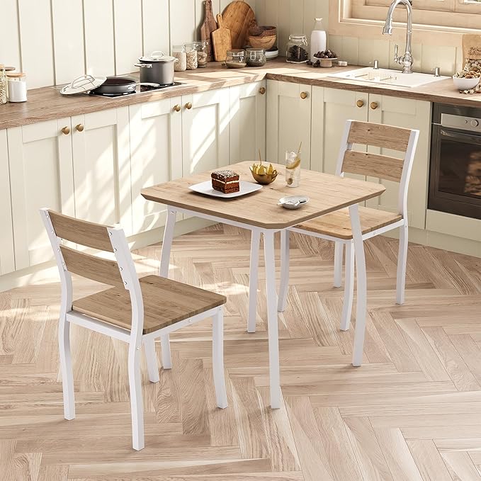 Small Dining Table Set for 2,3-Piece Kitchen Table Set with Thick Wood Grain Tabletop & 2 Upholstered Chairs & Metal Frame, Compact Table Set for Small Spaces & Kitchens & Dining Rooms（Natural）