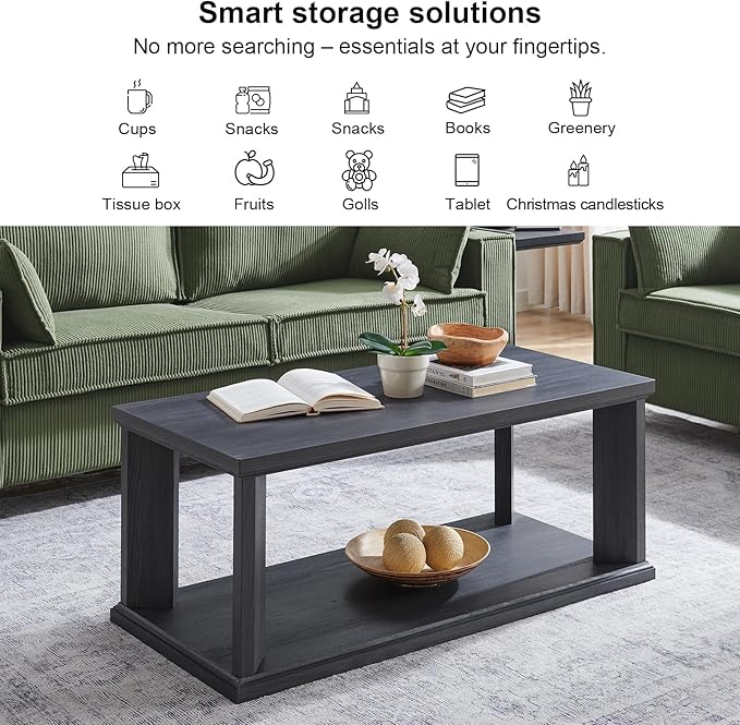 48“ Coffee Table, Wooden Center Table with 2 Tier Storage Shelves, Rectangular Living Room Table Modern Farmhouse Coffee Table for Living Room, Home Office, Bedroom, Apartment, Dark Grey
