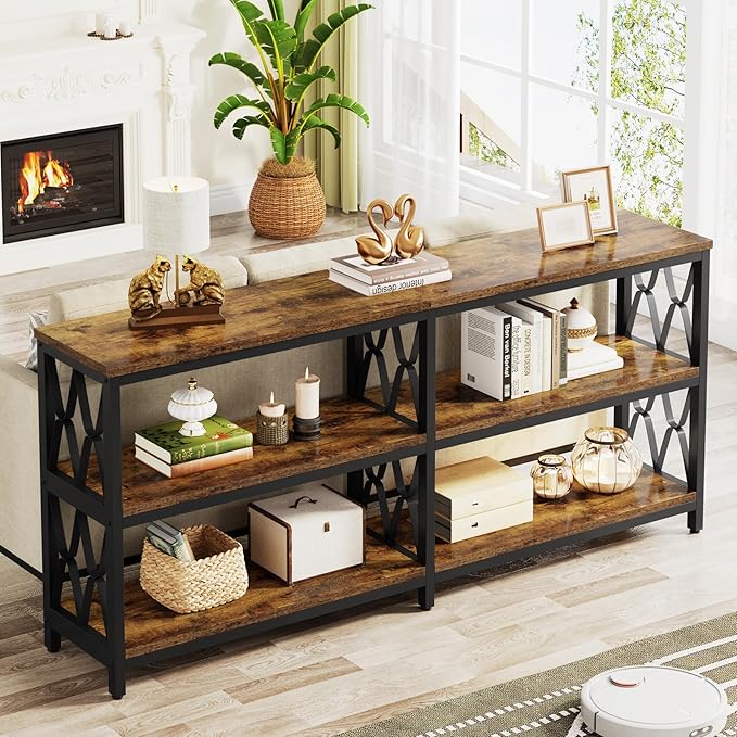 LITTLE TREE Console Table with Storage Shelves, 70.9" Industrial 3-Tier Sofa Table for Living Room, Long Foyer Table Entryway Table for Hallway, Front Door, Entrance, Rustic Brown & Black