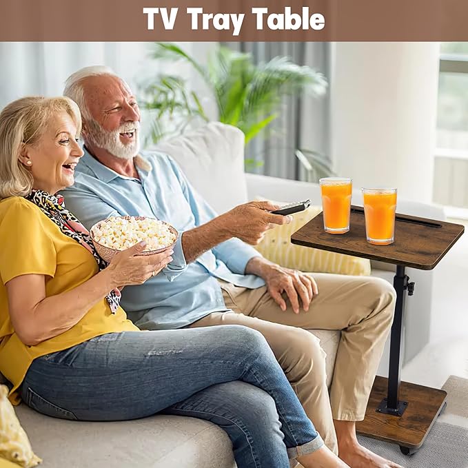Aoligrace C Table End Table Adjustable Height, 360°Swivel TV Tray Table with Wheels, Small Side Table for Couch C Shaped End Table for Living Room Bedroom Small Spaces (Rustic Brown)