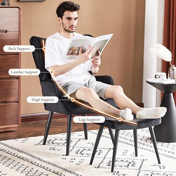 Furniliving Velvet Accent Chair with Ottoman, Upholstered Reading Chair with High Backrest, Tufted-Button Wingback Armchair for Bedroom, Dressing Room, Home Office, Black