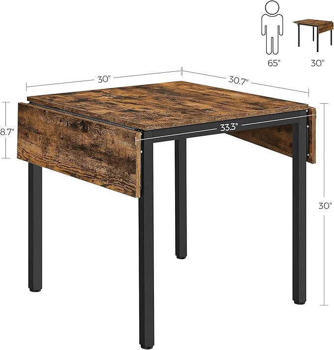VASAGLE Folding Dining Table, Kitchen Table, Drop Leaf Extendable Table for Small Spaces, Seats 2-4 People, Industrial, Rustic Brown and Black UKDT077B01