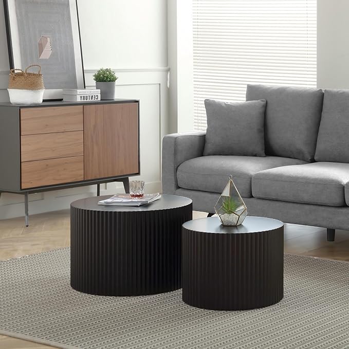 KEVINSPACE Coffee Table Nesting Tables Set of 2, Modern Round Coffee Table, Small Wooden Circle Accent Tables for Small Spaces Living Room Bedroom Balcony Drum Side Table No Need Assembly Black