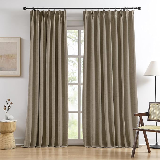 RAIN CITY Extra Wide Blackout Curtains 2 Panels Set,70 Inch Wide Back Tab Pleated Curtains with Hooks Track System,Energy Efficinet Drapes for Dining Room Hoom Office 70x108 in Length,Linen Brown