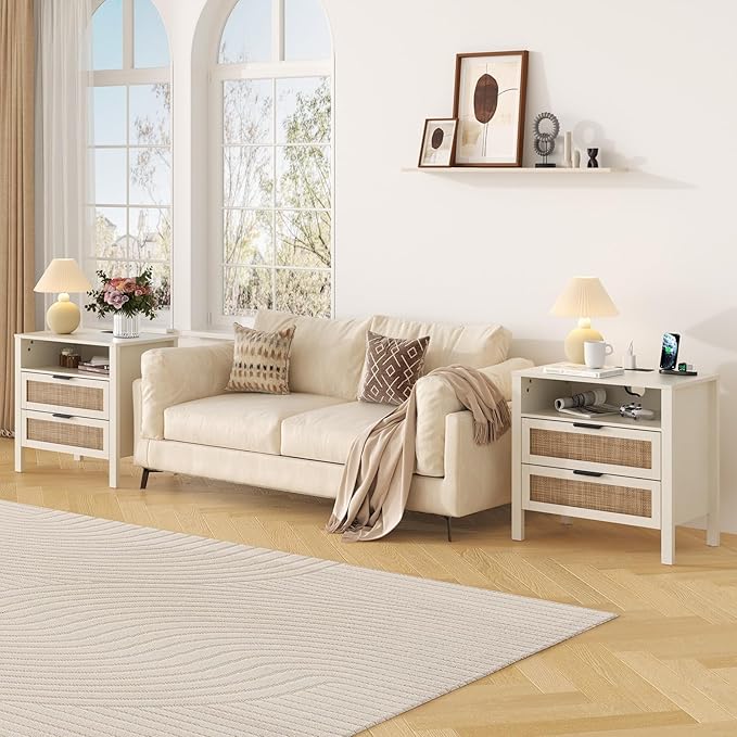 HOMMPA Nightstand with Charging Station, Rattan Night Stand with Drawer, Boho Bedside Table with USB and Type-C Ports, Large Side Table End Table for Bedroom, Living Room, Small Space, Cream