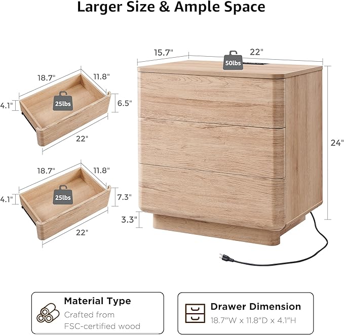 JXQTLINGMU 22" Modern Nightstand Set of 2 with Charging Station, Large Push-to-Open End Table, Wood Bedside Table, Curved Profile, Handleless 3 Drawer Night Stand for Bedroom, Living Room, Natural Oak