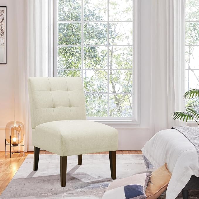 Slipper Accent Chair Modern Armless Lounge Chair with Wood Legs Upholstered Makeup Vanity Tufted Side Chair Fabric Comfy with Decor Back for Living Room Bedroom Patio (Pin Back, Beige)
