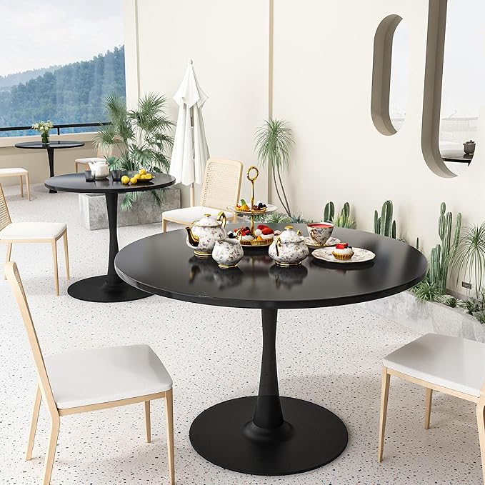DKLGG Black Round Dining Table, 39.1" Tulip Kitchen Dining Table for 4-5 People with MDF Top & Pedestal Base, Mid-Century End Leisure Coffee Office Living Room Table