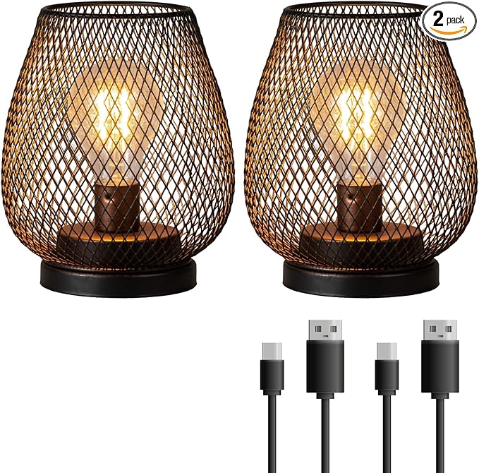 DECORKEY Set of 2 Rechargeable Lamp LED Table Lantern, Brown Metal Cage Cordless Lamps with LED Bulb，Vintage Decorative Outdoor Lantern for Weddings, Parties, Patio, Events for Indoors Shelf Decor