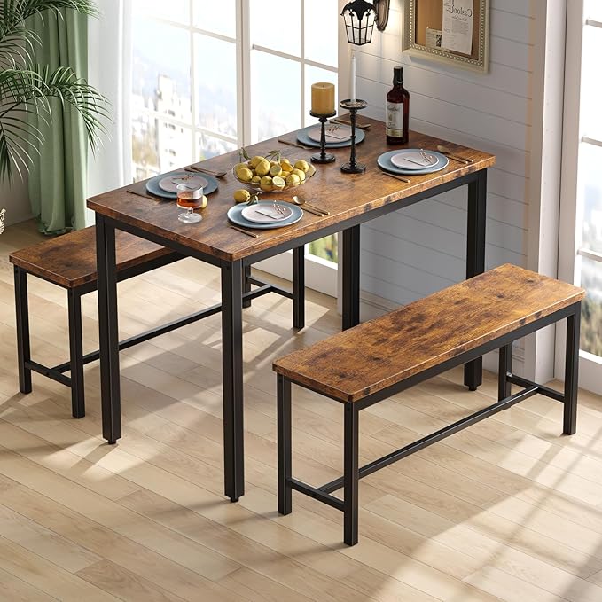 Tatub Dining Table Set for 4, 3-Piece Kitchen Table with 2 Benches, Space-Saving Dining Room Set for Breakfast Nook and Small Spaces, Brown