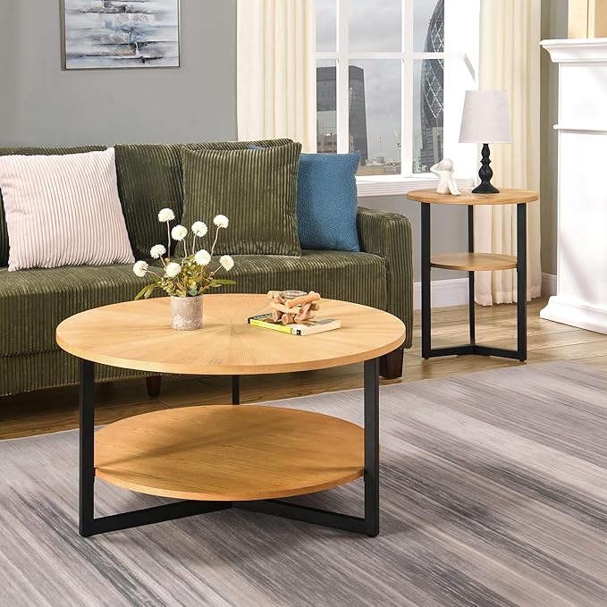 Round Coffee Table with Storage Shelf, 33.5in Circle Accent Center Table with Black Metal Legs, 2-Tier Industrial Cocktail Table for Living Room, Oak-1338OA