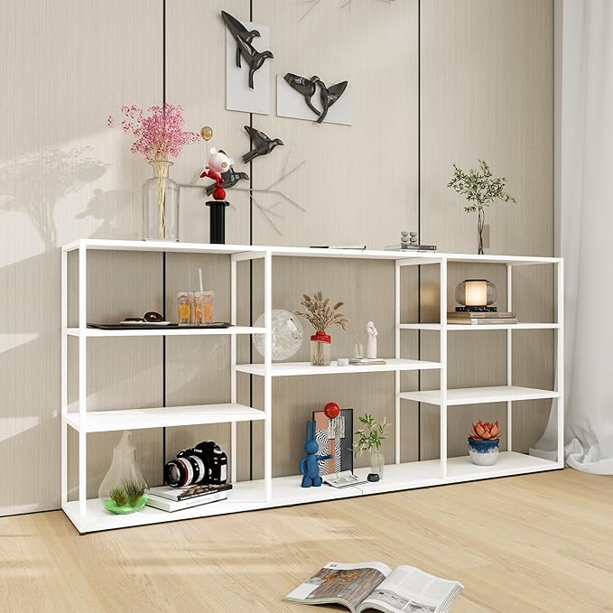 71 Inch Metal Console Table with 8 Storage Shelves,Extra Long Entryway Table,Narrow Sofa Table,Hallway Table for Entrances to Corridor, Foyer,Living Room (White, 70.87×11.81×31.5)