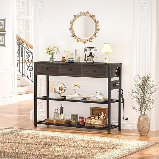 Ecoprsio 47'' Entryway Table with Outlets and USB Ports, Console Table with 3 Drawers, Sofa Table Narrow Long with Storage Shelves for Living Room, Couch, Hallway, Foyer, Black Walnut Finish