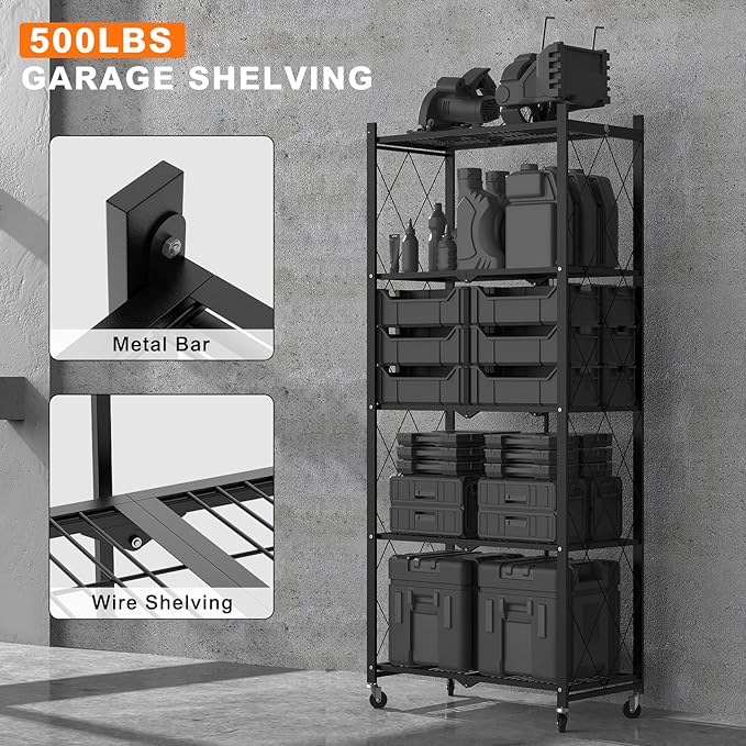 64" H 5 Tier Foldable Storage Shelf with Wheels, Folding Shelving Loads 500 LBS, Metal Steel Garage Shelves, Rolling Standing Utility Rack for Kitchen, Pantry, Office, Black