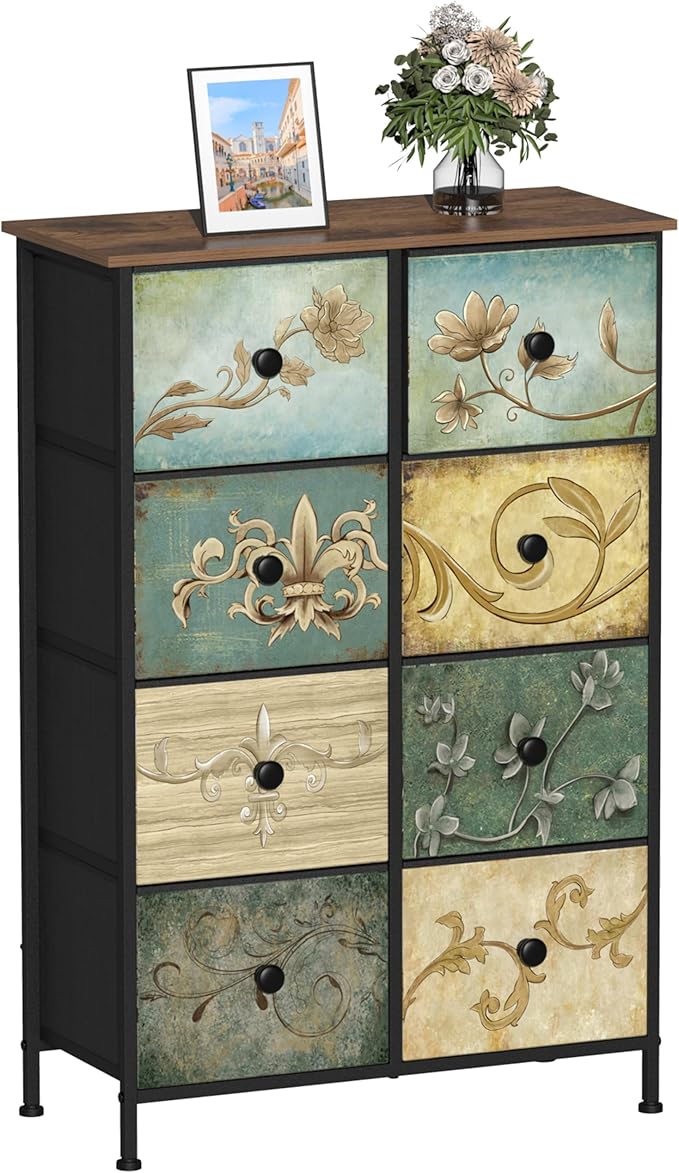 Tohomeor Narrow Storage Dresser Slim Dresser with Retro Flowers Fabric Drawers Vertical Skinny Cabinet for Small Spaces,Bathroom,Bedroom Closet Nightstand,Entryway Organizer (Retro Flower, 8 Drawers)