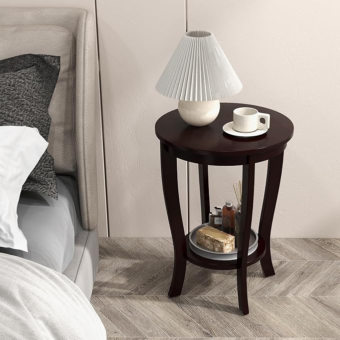 Giantex Round End Table, 2 Tier Side Table with Storage Shelf, Retro Nightstand with Solid Wood Legs, 18" x 18" Accent Table for Corner Small Spaces, Night Stand for Living Room Bedroom, Espresso
