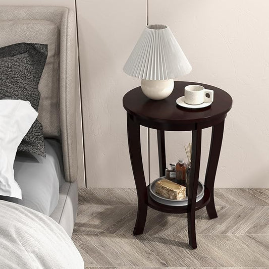 Giantex Round End Table, 2 Tier Side Table with Storage Shelf, Retro Nightstand with Solid Wood Legs, 18" x 18" Accent Table for Corner Small Spaces, Night Stand for Living Room Bedroom, Espresso