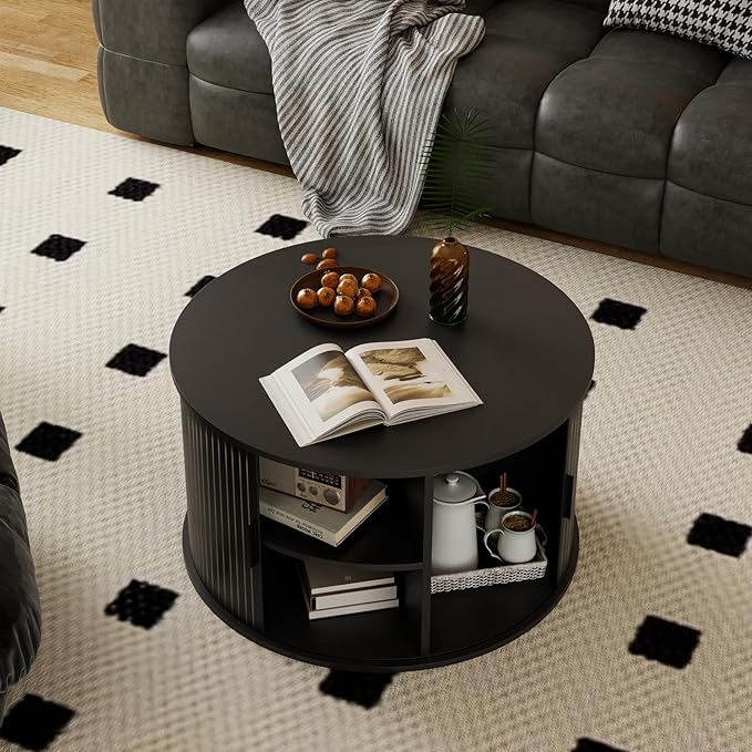 SoarFlash 31.5 Inch Fluted Coffee Table with Storage, Mid Century Modern Round Coffee Table with Shelf, Center Table with Sliding Door and Wood Fluted Handle for Living Room, Black