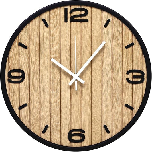 10 Inch Round Wall Clock Battery Operated Wooden, Non-Ticking Quartz Decorative Analog Clocks for Apartment, Living Room, Bedroom, Hallway, Classroom - Easy to Install & Read