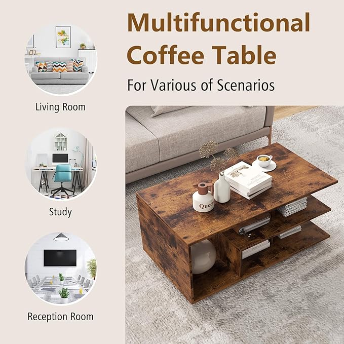 COSTWAY Mid Century Modern Coffee Table with Storage Shelves, 36 Inch 3-Tier Rectangular Wooden Tea Table, Accent Center Table for Living Room Apartment Reception, Rustic Brown