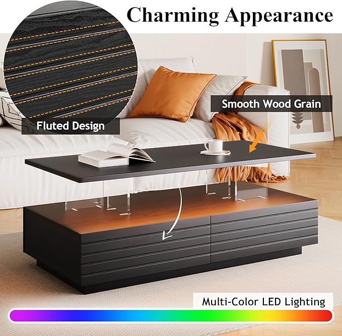 Modern Rectangular LED Coffee Table w/ 2 Storage Drawers, 2-Tier Living Room Center Table w/Adjustable Brightness Multi-Color LED Lights, Cocktail Tea Table w/Open Shelf, Black