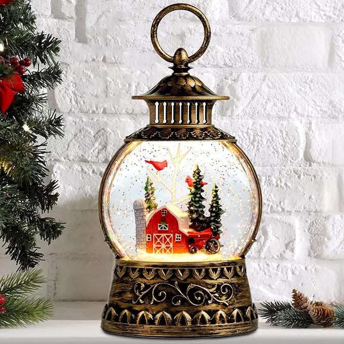 Christmas Snow Globe, Red Barn Truck Musical Snow Globe Lantern Lights with 6H Timer Battery & USB Powered, Retro Style Holiday Glitter Globe for Xmas Home Decoration Holiday Party Gifts