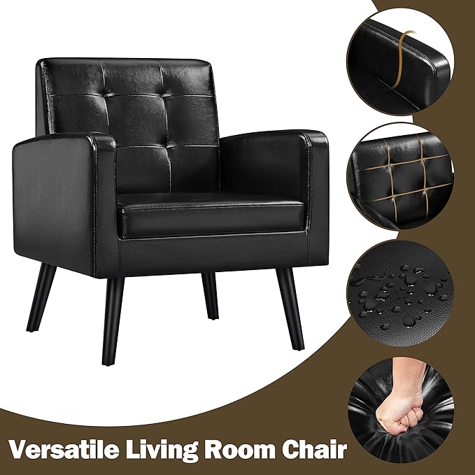 Yaheetech Mid-Century Accent Chairs, PU Leather Modern Upholstered Living Room Chair, Cozy Armchair Button Tufted Back and Wood Legs for Bedroom/Office/Cafe Black