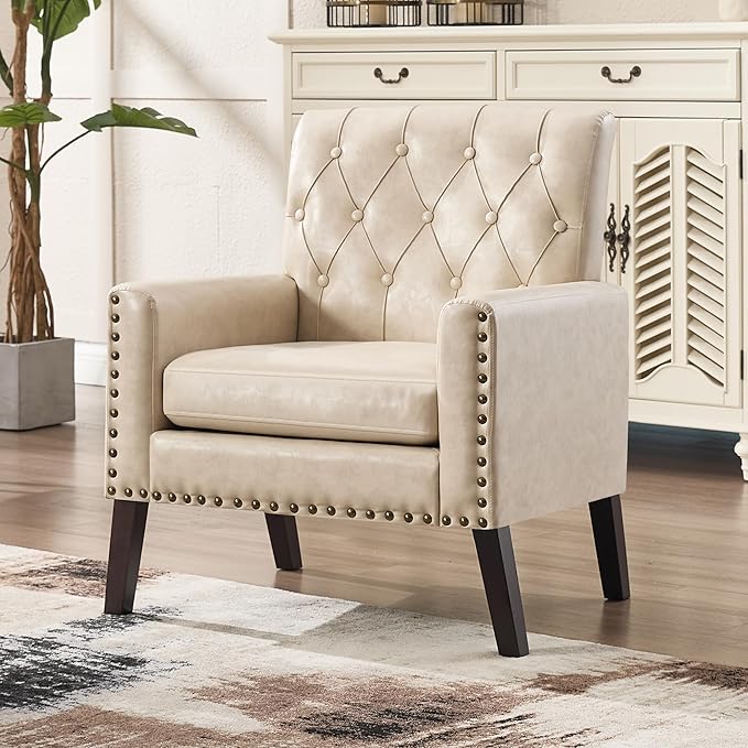 Mid Century Modern Accent Chair, White Faux Leather Office Chair for Reception - Brown Leather Club Chair for Living Room, Bedroom, or Waiting Room