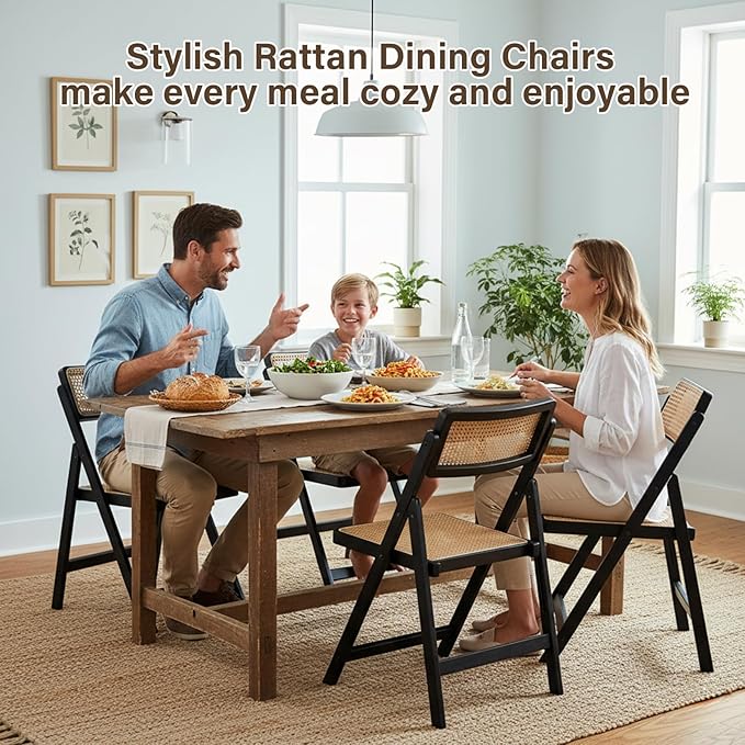 Rattan Folding Chairs, Modern Mid Century Dining Chairs Set of 2, Outdoor Bamboo Chairs for Bedroom Living Room Reading Room Dining Kitchen, Black