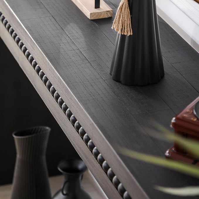 64" Console Table for Living Room, Long Sofa Table Behind Couch with Real Wood Beads Decoration, Retro Entryway Table for Hallway Foyer, Black