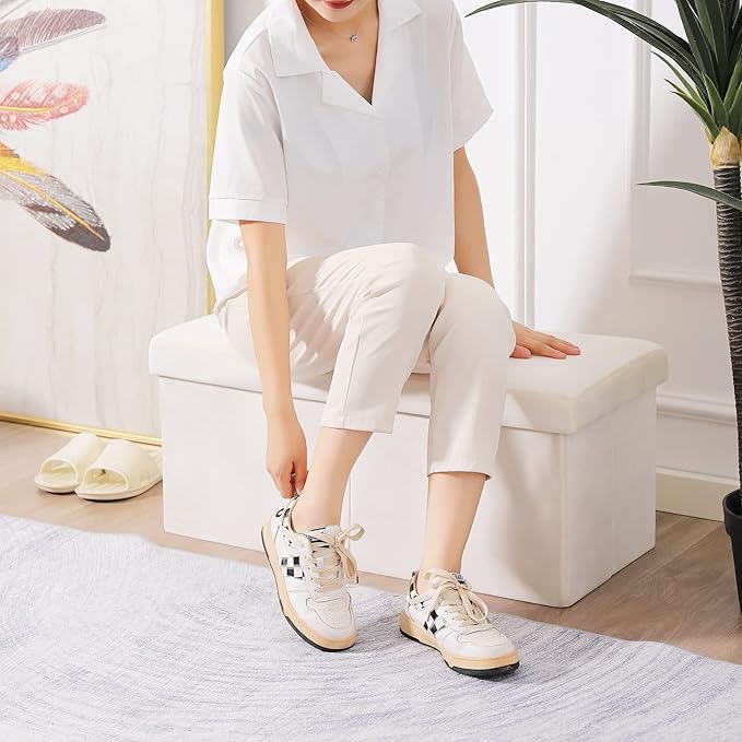 CUYOCA Storage Ottoman Bench Foldable Seat Footrest Shoe Bench End of Bed Storage with Flipping Lid, 75L Storage Space, 30 inches Velvet Cream